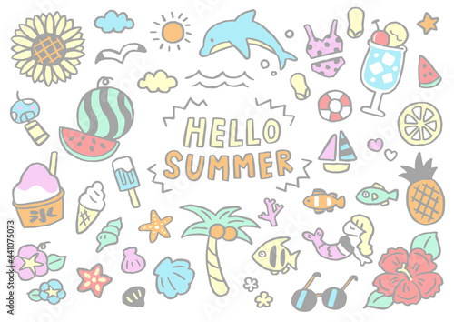手描き　シンプル　かわいい夏の素材セット（シャーベットカラー）