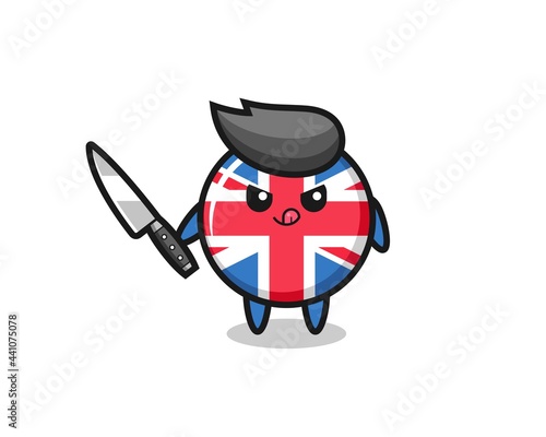 cute united kingdom flag badge mascot as a psychopath holding a knife