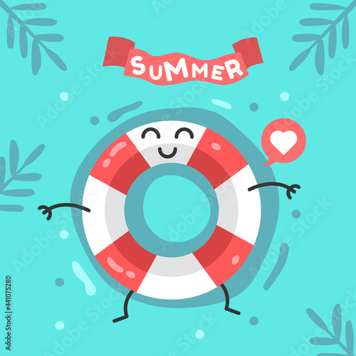 Cute red pool ring floating in a blue swimming pool. Summer flat vector illustration. Sticker  icon  banner  advertisement  promotion and more.
