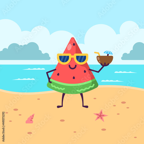 Cute watermelon wearing glasses on summer theme beach. Flat design style. suitable for stickers  banners  advertisements  promotions  children s books and others.