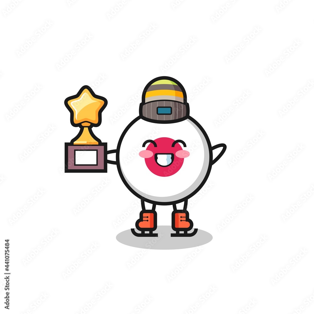 Fototapeta premium japan flag badge cartoon as an ice skating player hold winner trophy