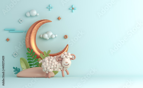 Eid al adha islamic decoration background with goat sheep arabic crescent, ramadan kareem, mawlid, iftar, isra  miraj, eid al fitr, muharram, copy space text area, 3D illustration. photo