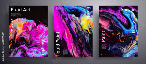 Abstract liquid placard, fluid art vector texture pack. Trendy background that can be used for design cover, poster, brochure and etc. Pink, blue, yellow and black creative iridescent artwork.