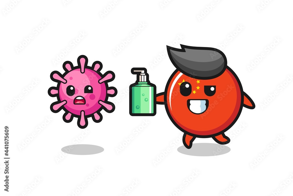 Fototapeta premium illustration of china flag badge character chasing evil virus with hand sanitizer