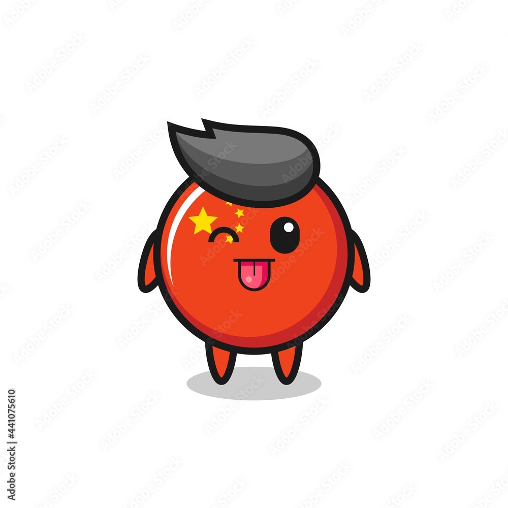 cute china flag badge character in sweet expression while sticking out her tongue