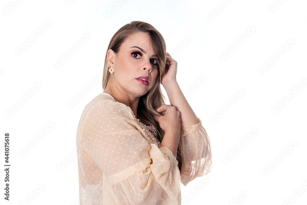 blonde woman on white background with hand in hair blonde woman on white background with hand in hair