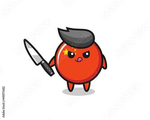 cute china flag badge mascot as a psychopath holding a knife