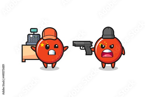 illustration of the cute china flag badge as a cashier is pointed a gun by a robber