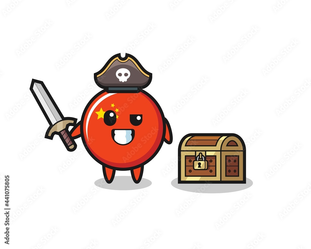 Fototapeta premium the china flag badge pirate character holding sword beside a treasure box