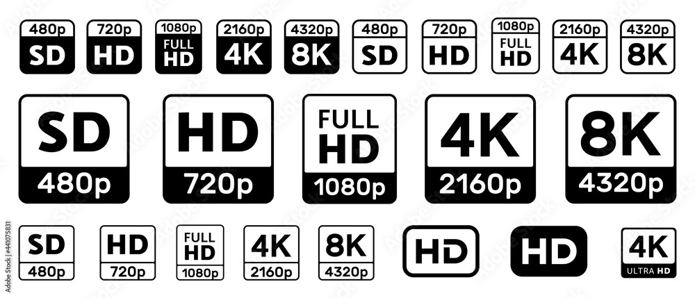 Set Of Video Quality Icons. HD, Full HD, UHD, 4K, 8K, SD Signs. vector de  Stock | Adobe Stock