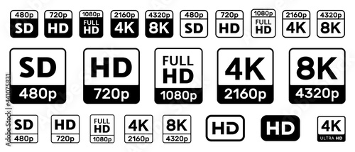 Set Of Video Quality Icons. HD, Full HD, UHD, 4K, 8K, SD Signs.