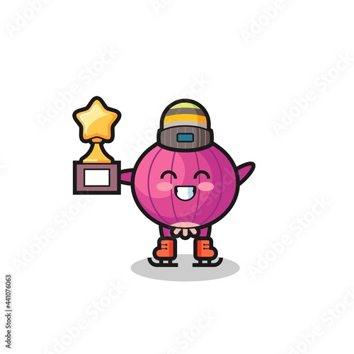 onion cartoon as an ice skating player hold winner trophy