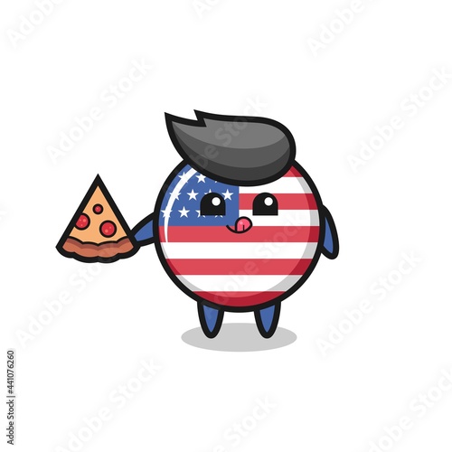 cute united states flag badge cartoon eating pizza