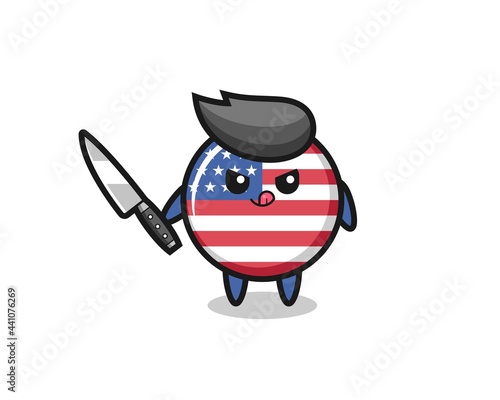 cute united states flag badge mascot as a psychopath holding a knife