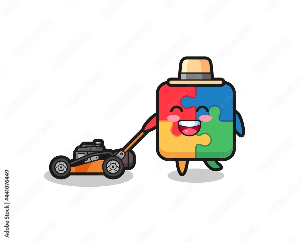 illustration of the puzzle character using lawn mower