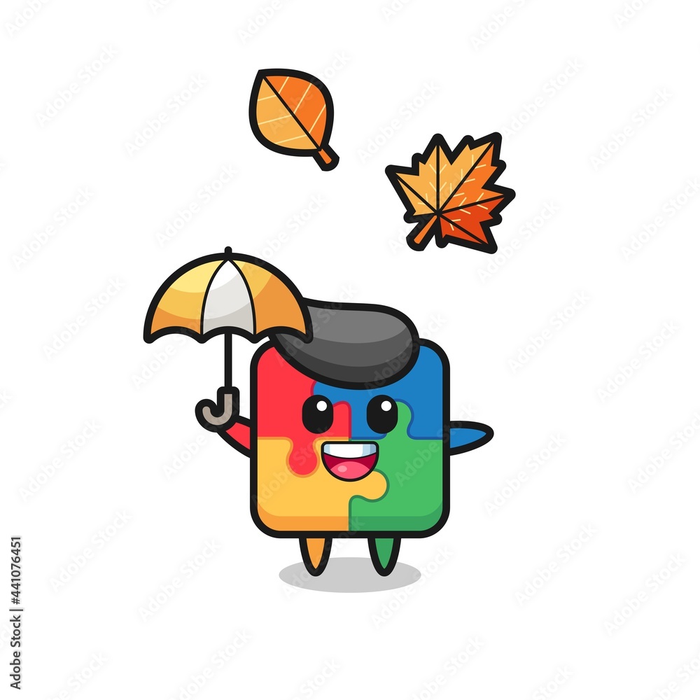 cartoon of the cute puzzle holding an umbrella in autumn