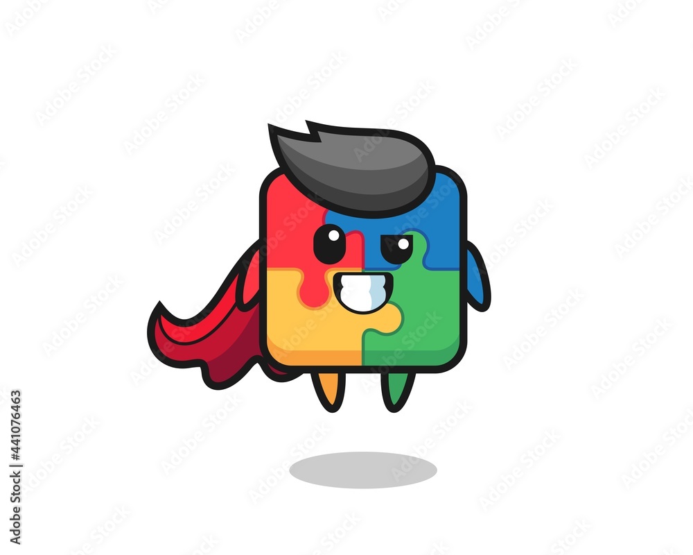 the cute puzzle character as a flying superhero