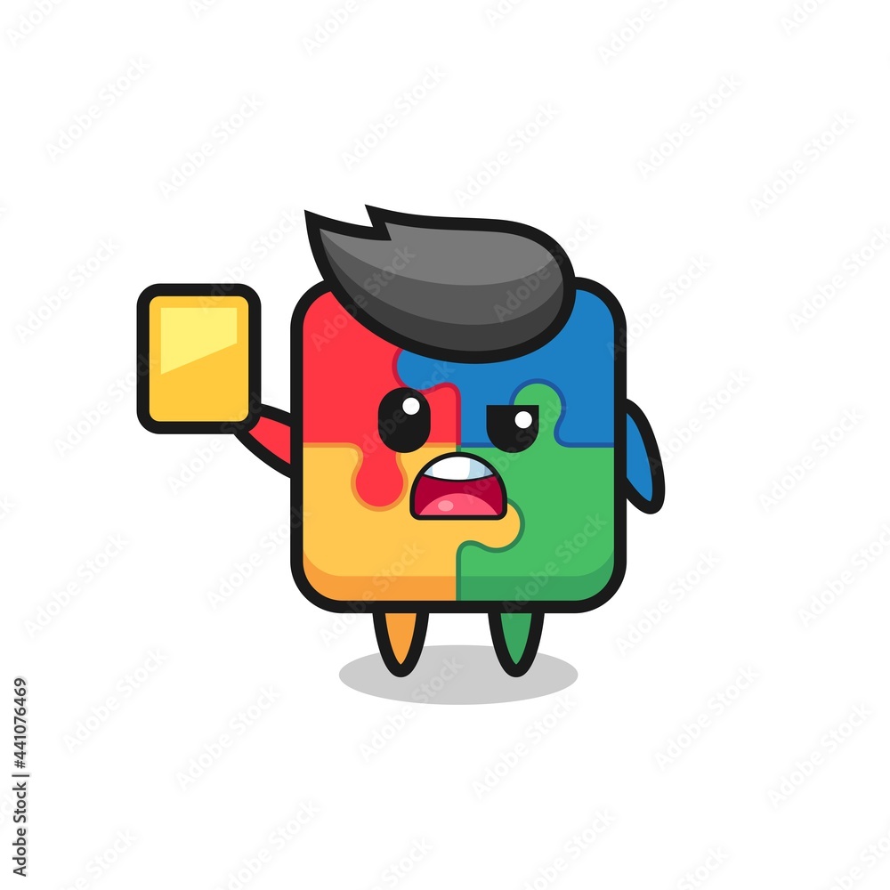 cartoon puzzle character as a football referee giving a yellow card