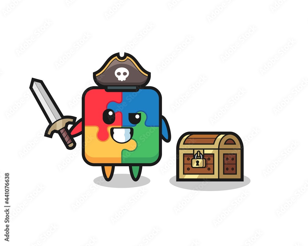 the puzzle pirate character holding sword beside a treasure box