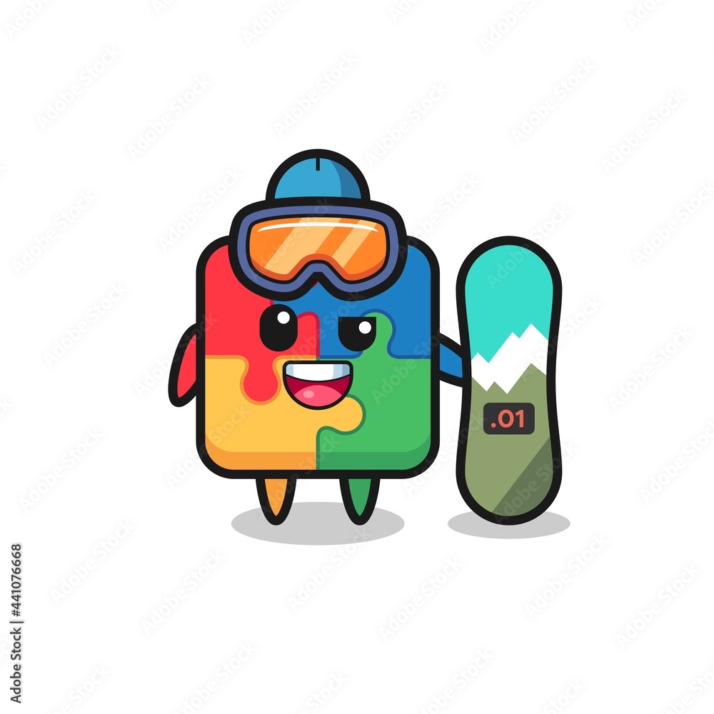 Illustration of puzzle character with snowboarding style
