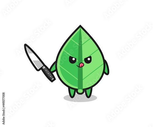 cute leaf mascot as a psychopath holding a knife