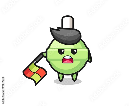lollipop character as line judge hold the flag down at a 45 degree angle