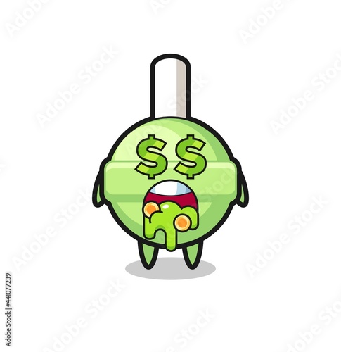 lollipop character with an expression of crazy about money