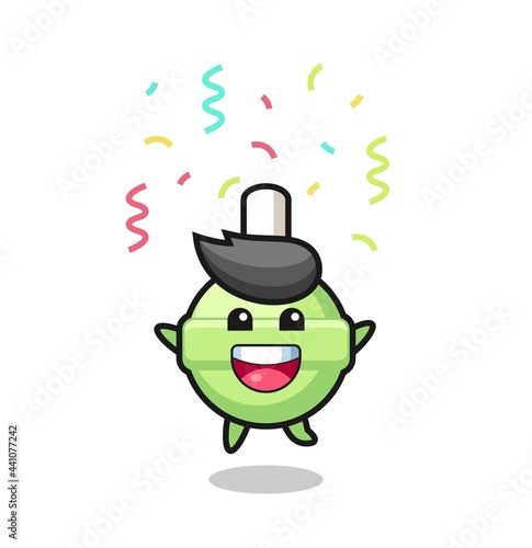 happy lollipop mascot jumping for congratulation with colour confetti