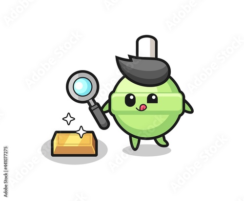 lollipop character is checking the authenticity of the gold bullion