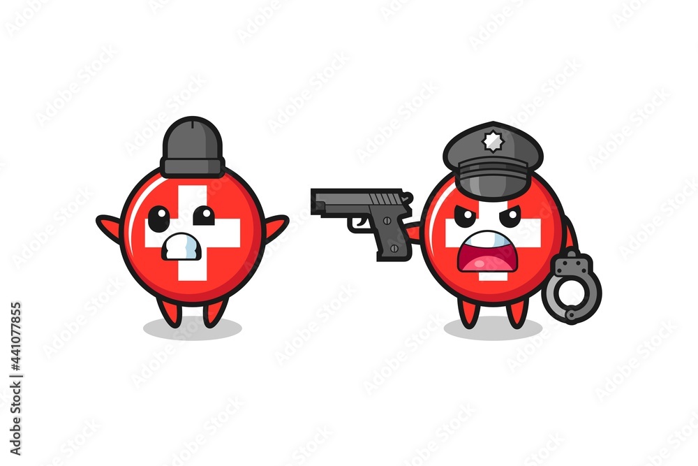 illustration of switzerland flag badge robber with hands up pose caught by police