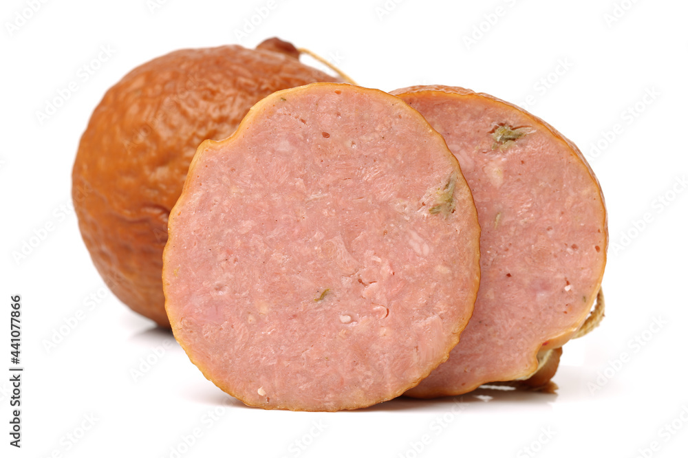 cooked boiled ham sausage on white background cooked boiled ham sausage on white background