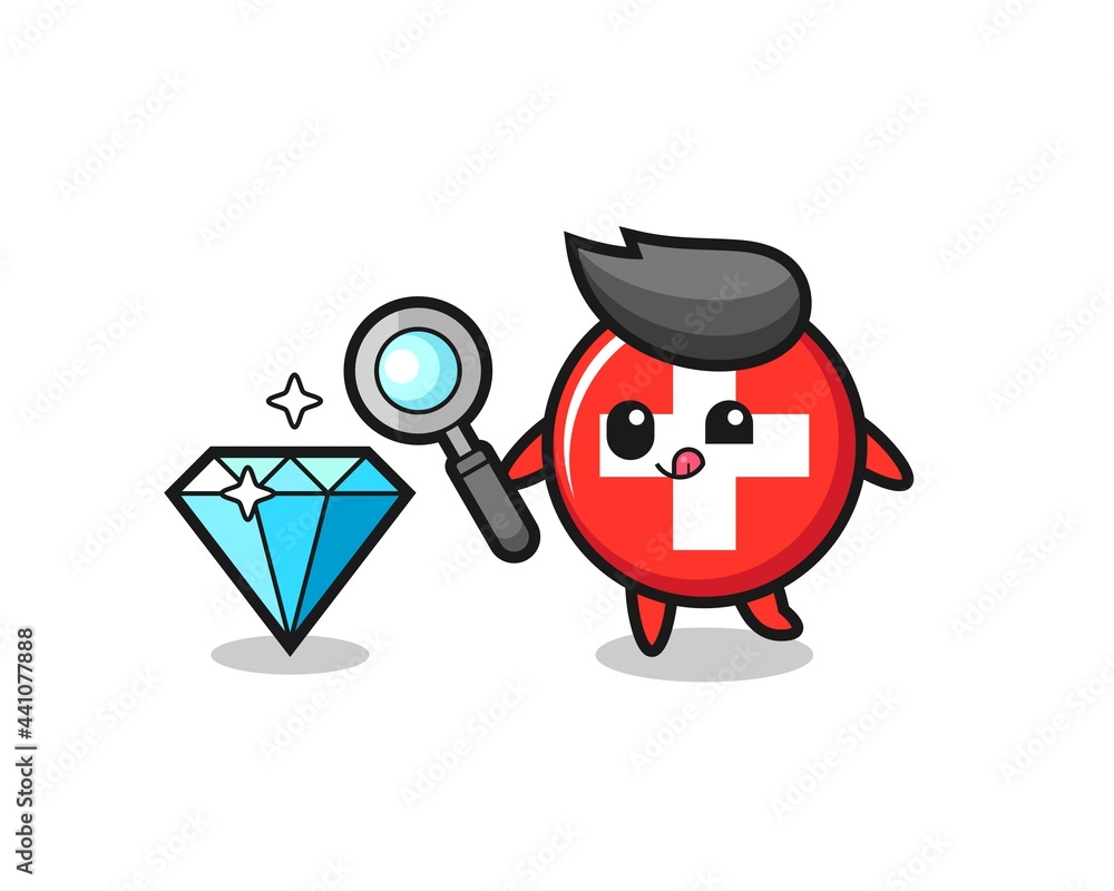 switzerland flag badge mascot is checking the authenticity of a diamond switzerland flag badge mascot is checking the authenticity of a diamond