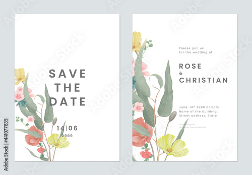 Floral wedding invitation card template design, various flowers and leaves bo...