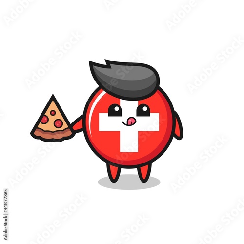 cute switzerland flag badge cartoon eating pizza