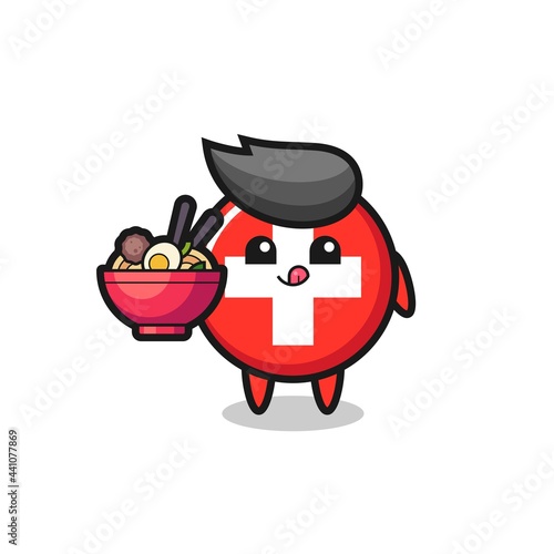 cute switzerland flag badge character eating noodles