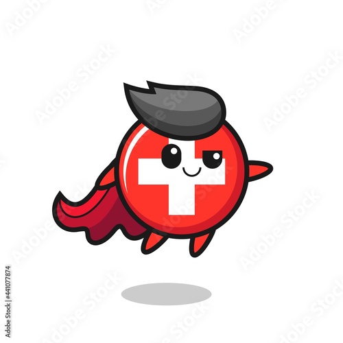 cute switzerland flag badge superhero character is flying