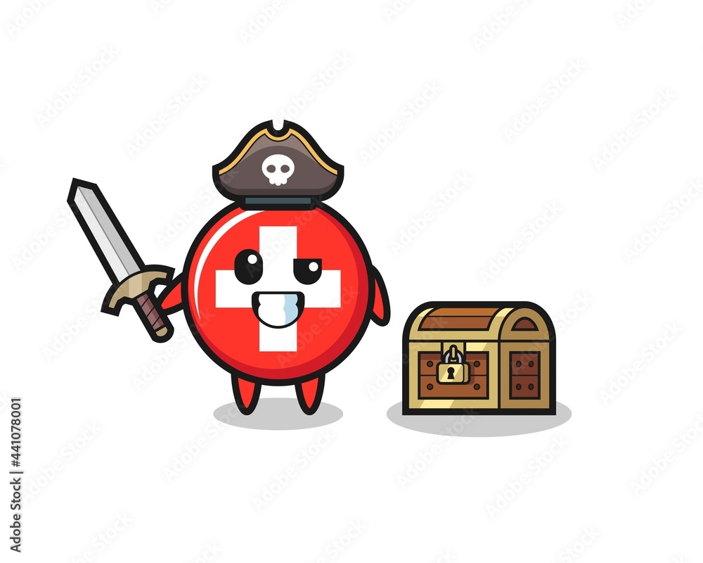 Fototapeta premium the switzerland flag badge pirate character holding sword beside a treasure box