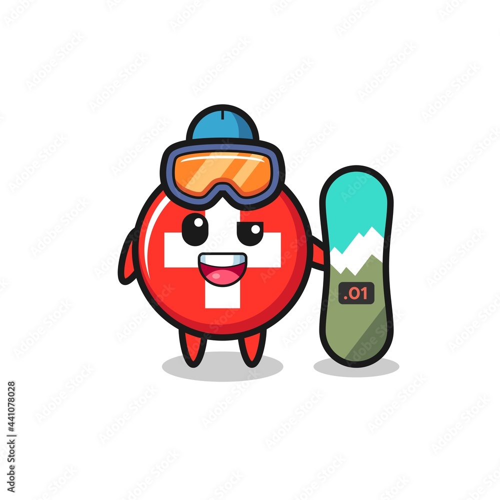 Fototapeta premium Illustration of switzerland flag badge character with snowboarding style