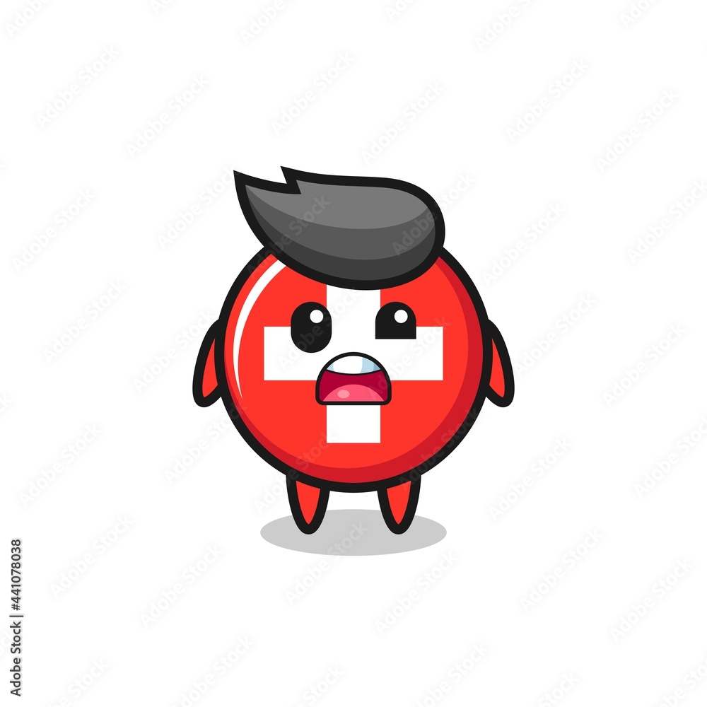 the shocked face of the cute switzerland flag badge mascot