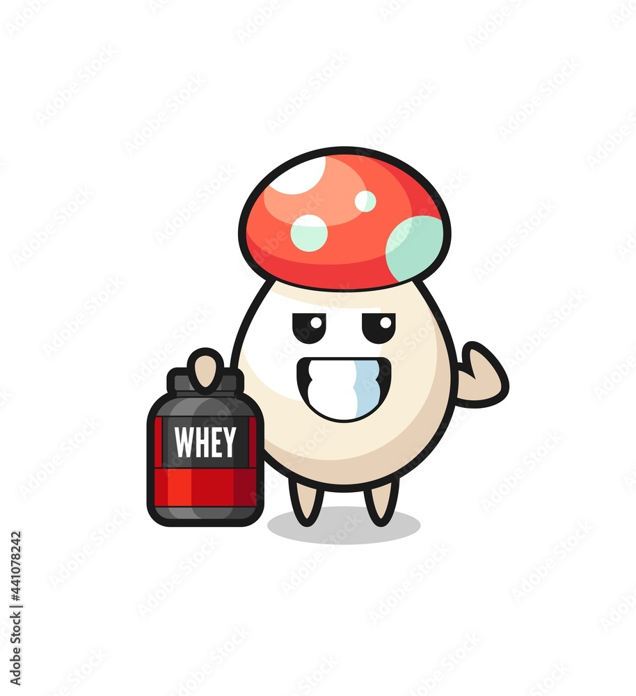 the muscular mushroom character is holding a protein supplement the muscular mushroom character is holding a protein supplement