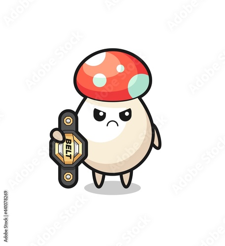 mushroom mascot character as a MMA fighter with the champion belt