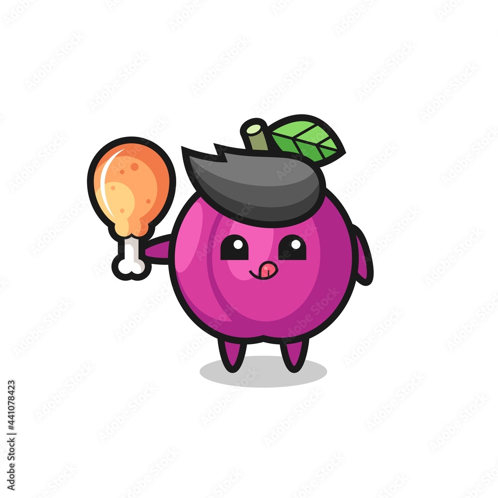plum fruit cute mascot is eating a fried chicken