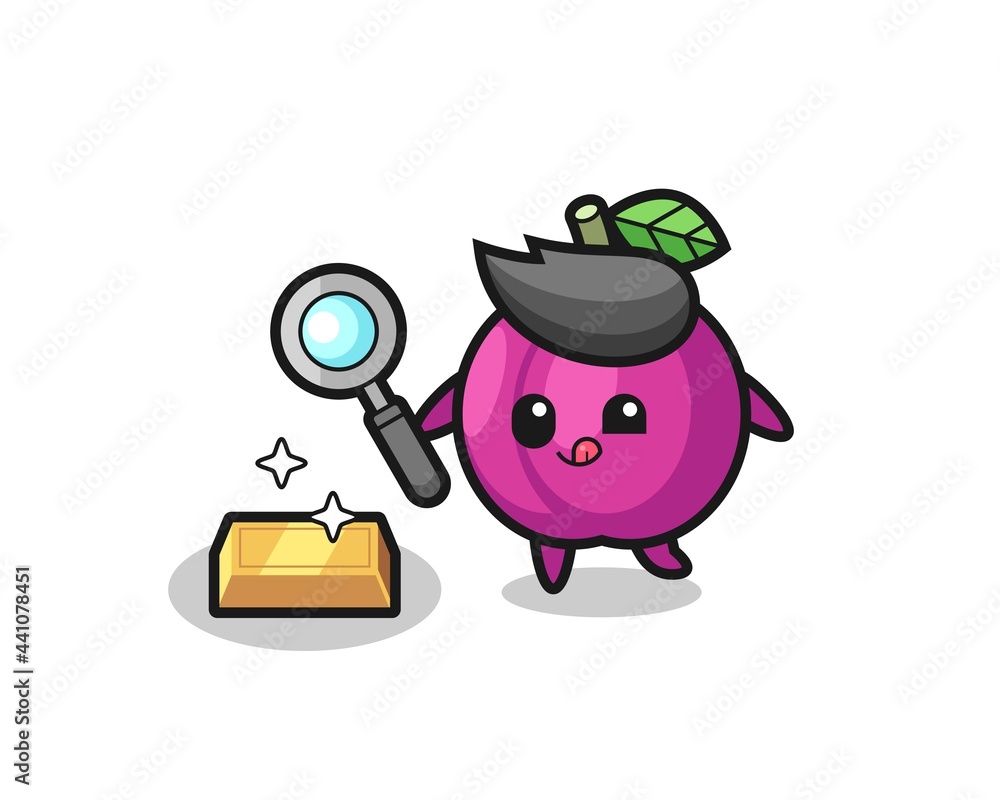 plum fruit character is checking the authenticity of the gold bullion