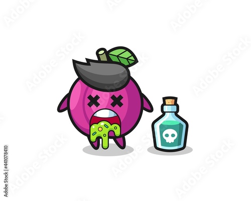 illustration of an plum fruit character vomiting due to poisoning