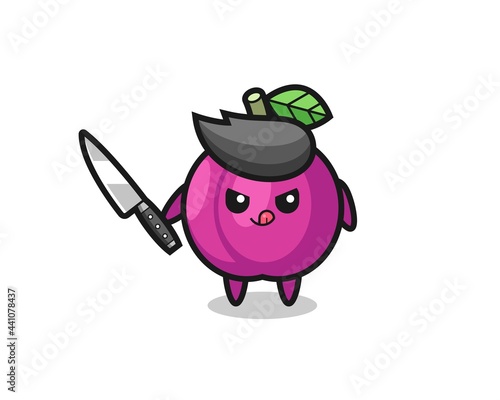 cute plum fruit mascot as a psychopath holding a knife