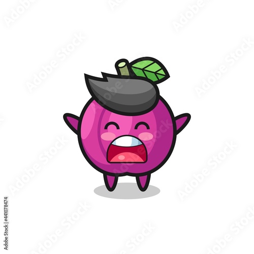 cute plum fruit mascot with a yawn expression