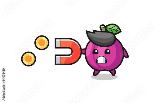 the character of plum fruit hold a magnet to catch the gold coins