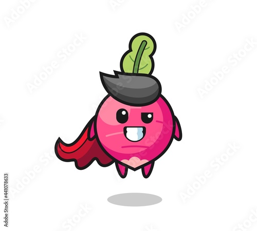 the cute radish character as a flying superhero