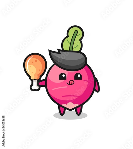 radish cute mascot is eating a fried chicken