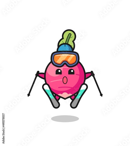 radish mascot character as a ski player